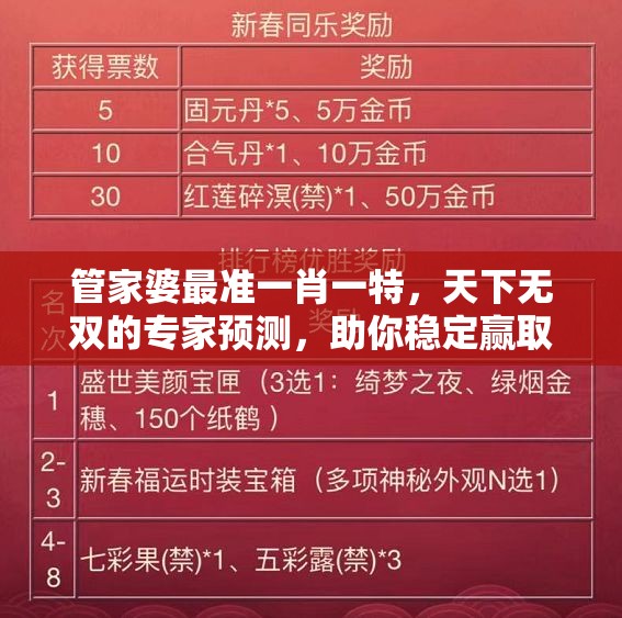 管家婆最准一肖一特，天下无双的专家预测，助你稳定赢取财富和好运